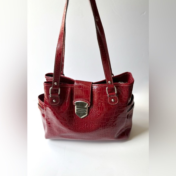 90s Style Liz Claiborne Red‎ Alligator Embossed Vegan Leather Shoulder Tote Bag - Picture 3 of 10